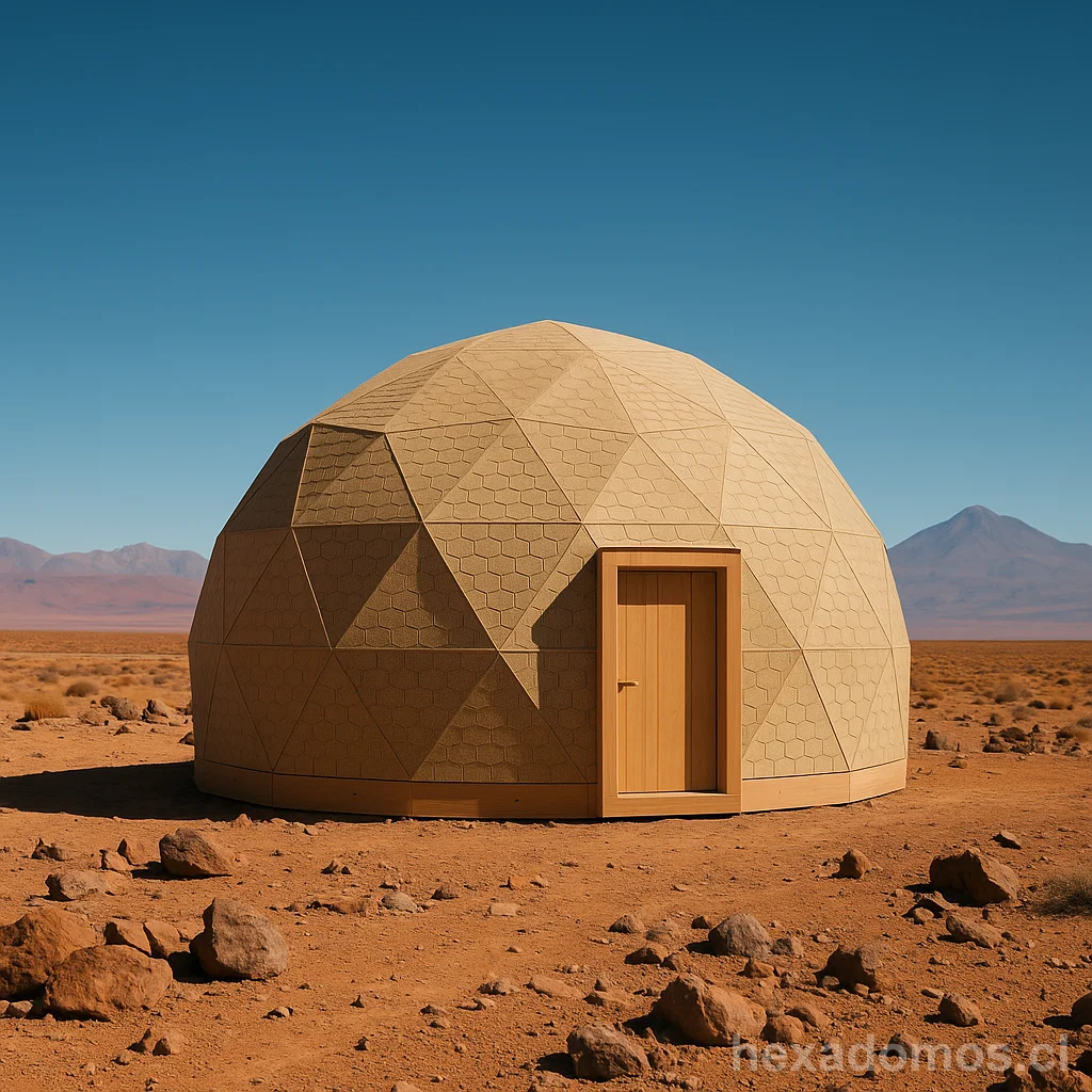 Domo geodésico beige en paisaje desértico con montaña