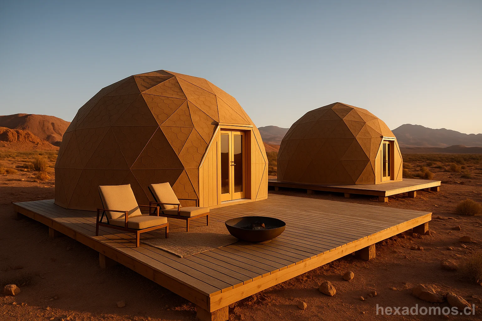 Dos domos geodésicos beige en terraza de madera en desierto