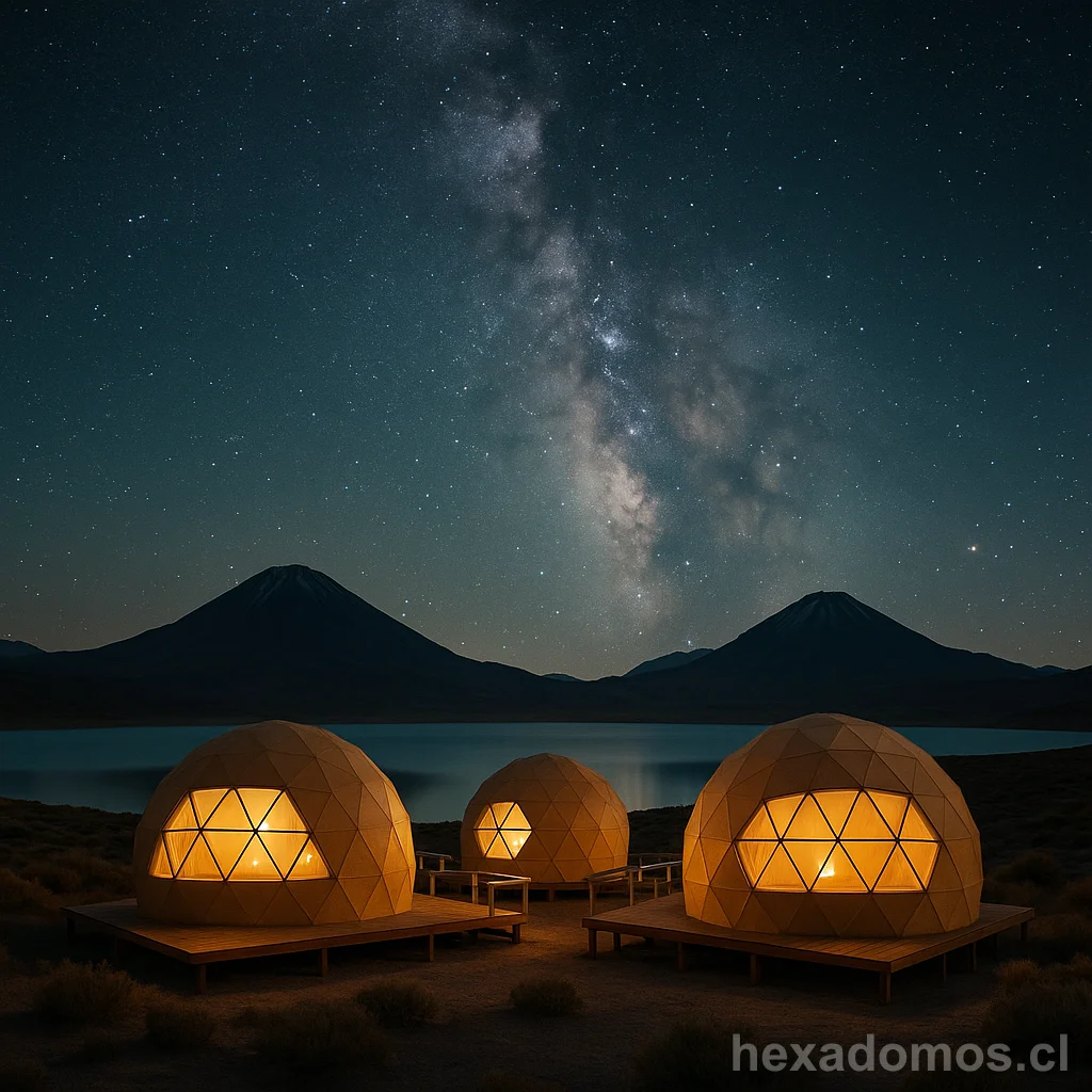 Tres domos geodésicos beige en lago bajo cielo estrellado con Vía Láctea