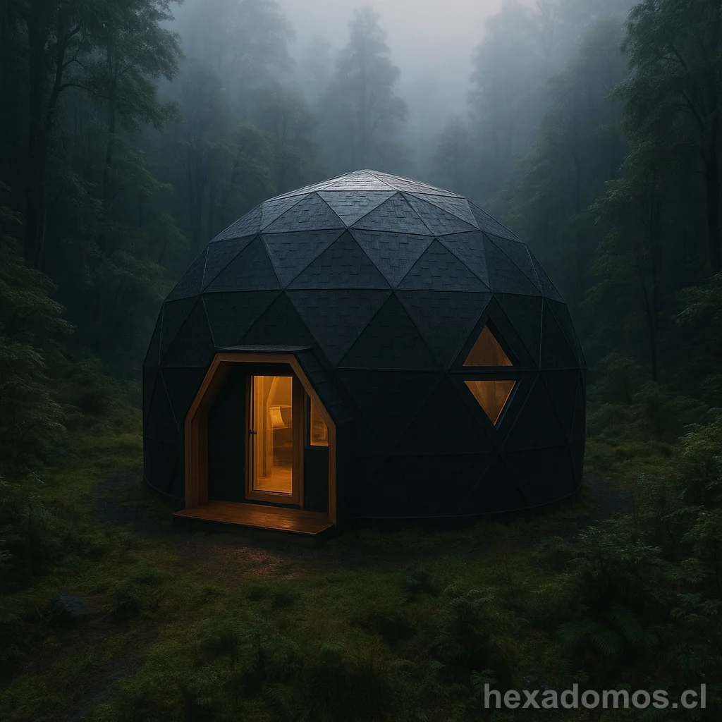 Domo geodésico oscuro en bosque brumoso con entrada iluminada