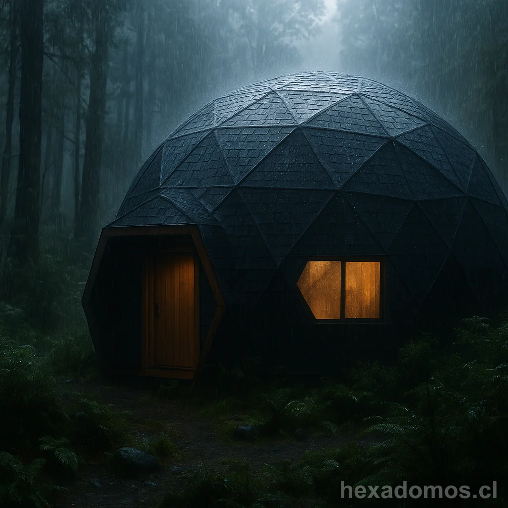 Domo geodésico oscuro en bosque lluvioso con iluminación cálida interior