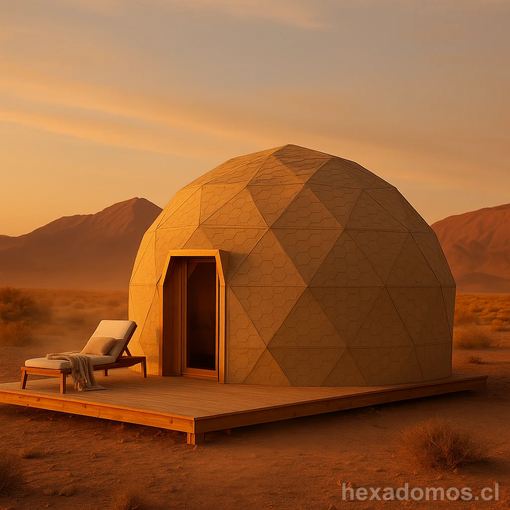 Domo geodésico claro en desierto con terraza de madera y silla lounge al atardecer