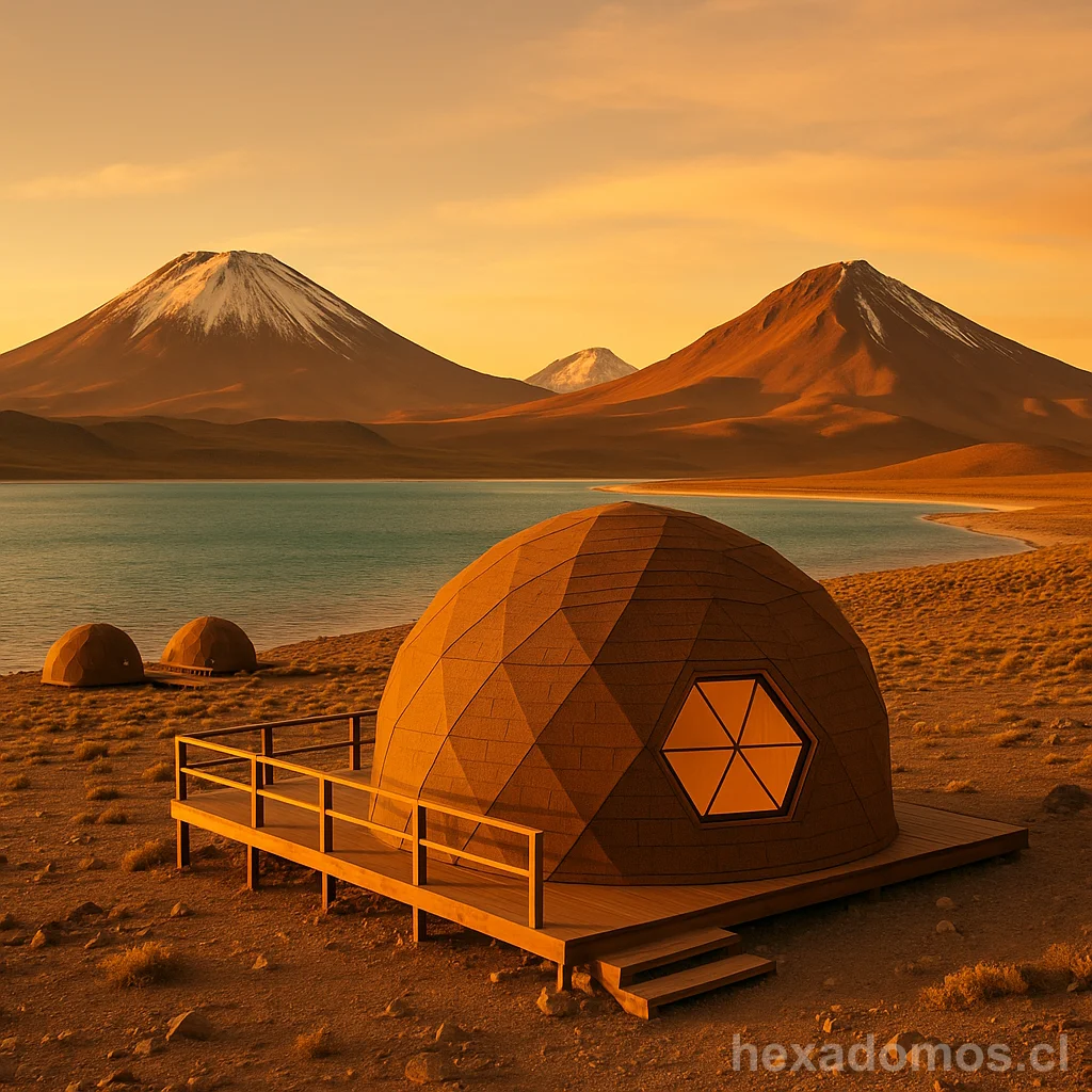 Domo geodésico marrón en lago con montañas nevadas al atardecer