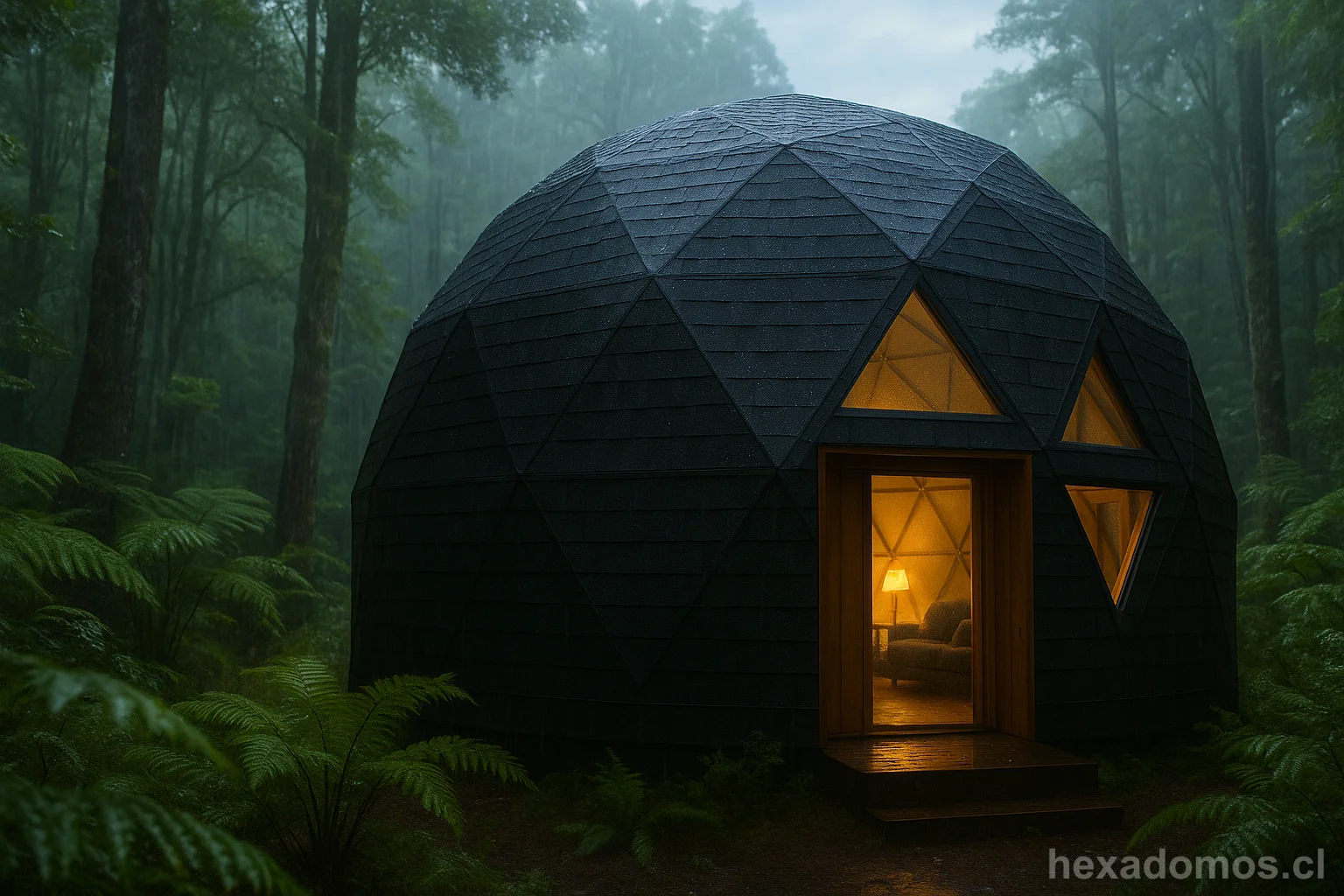 Domo geodésico iluminado en bosque brumoso con interior acogedor