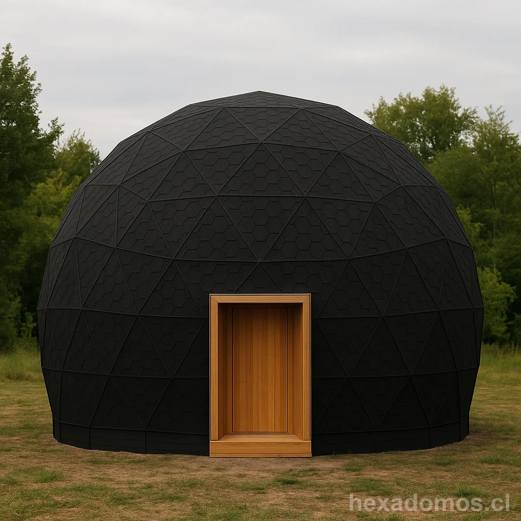 Domo geodésico oscuro terminado con tejas hexagonales en entorno natural