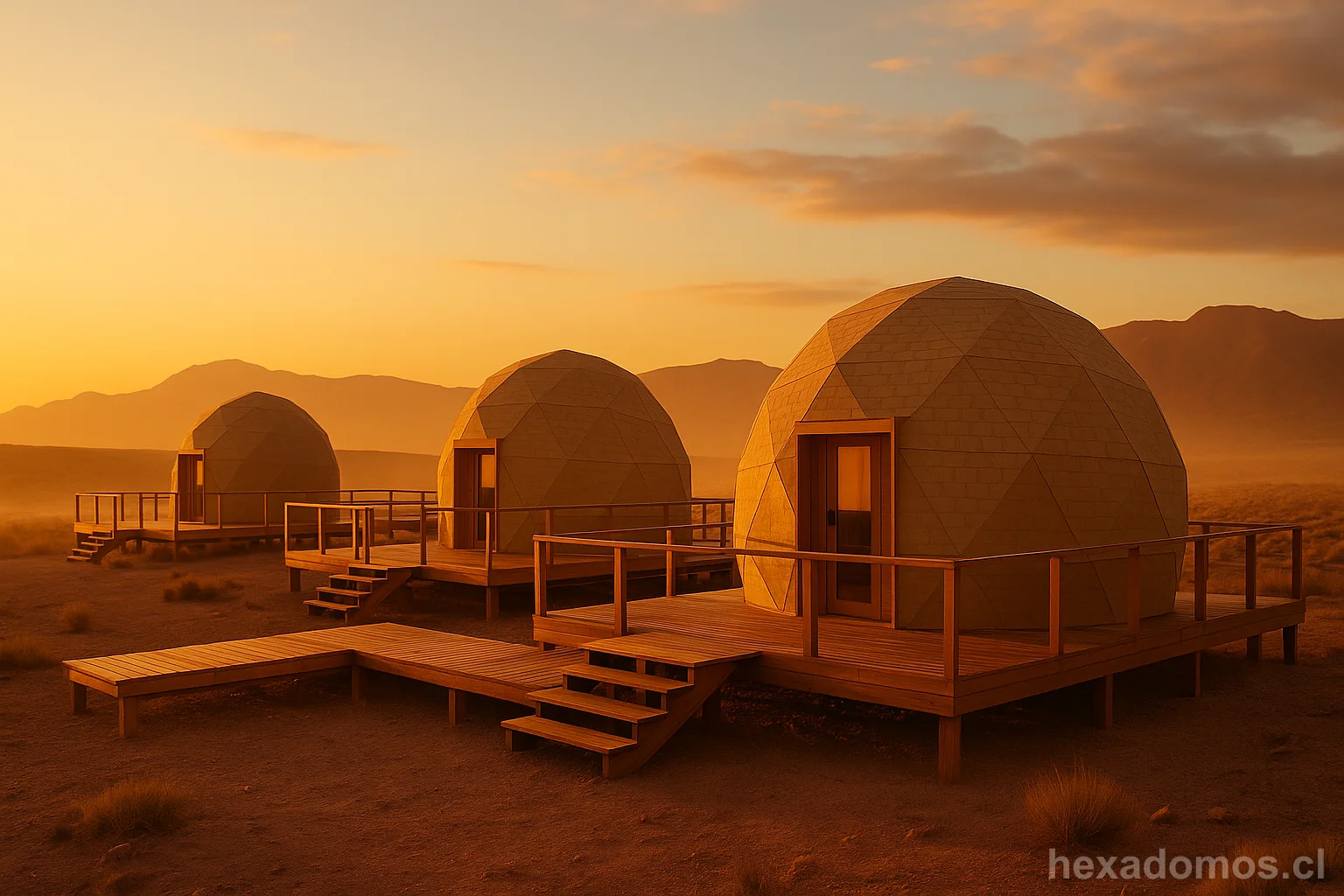 Tres domos geodésicos terminados en desierto con plataformas de madera al atardecer