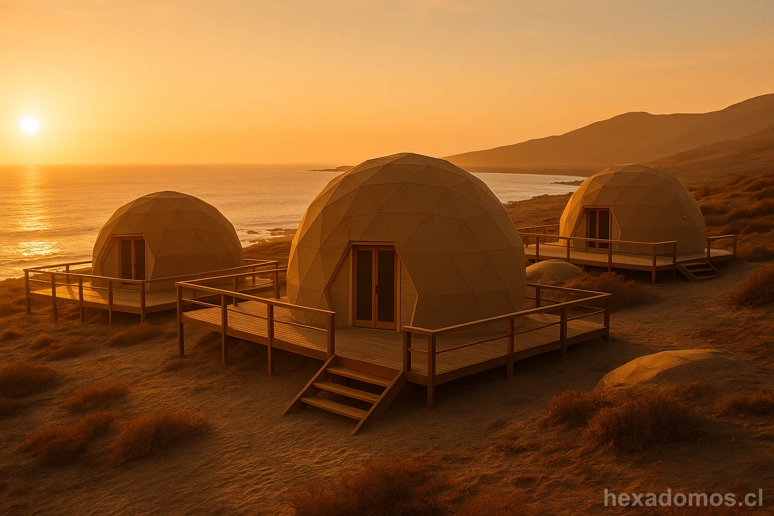 Tres domos geodésicos en construcción con plataformas de madera, vista al océano al atardecer