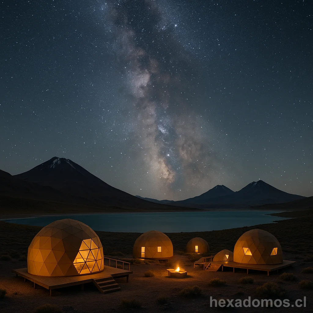 Tres domos geodésicos iluminados junto a un lago bajo la Vía Láctea