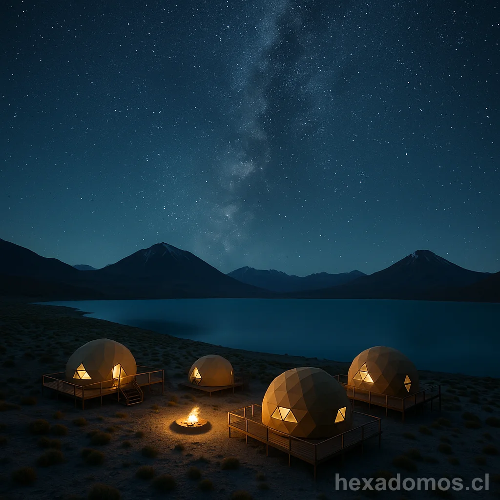 Cuatro domos geodésicos iluminados junto a un lago bajo la Vía Láctea