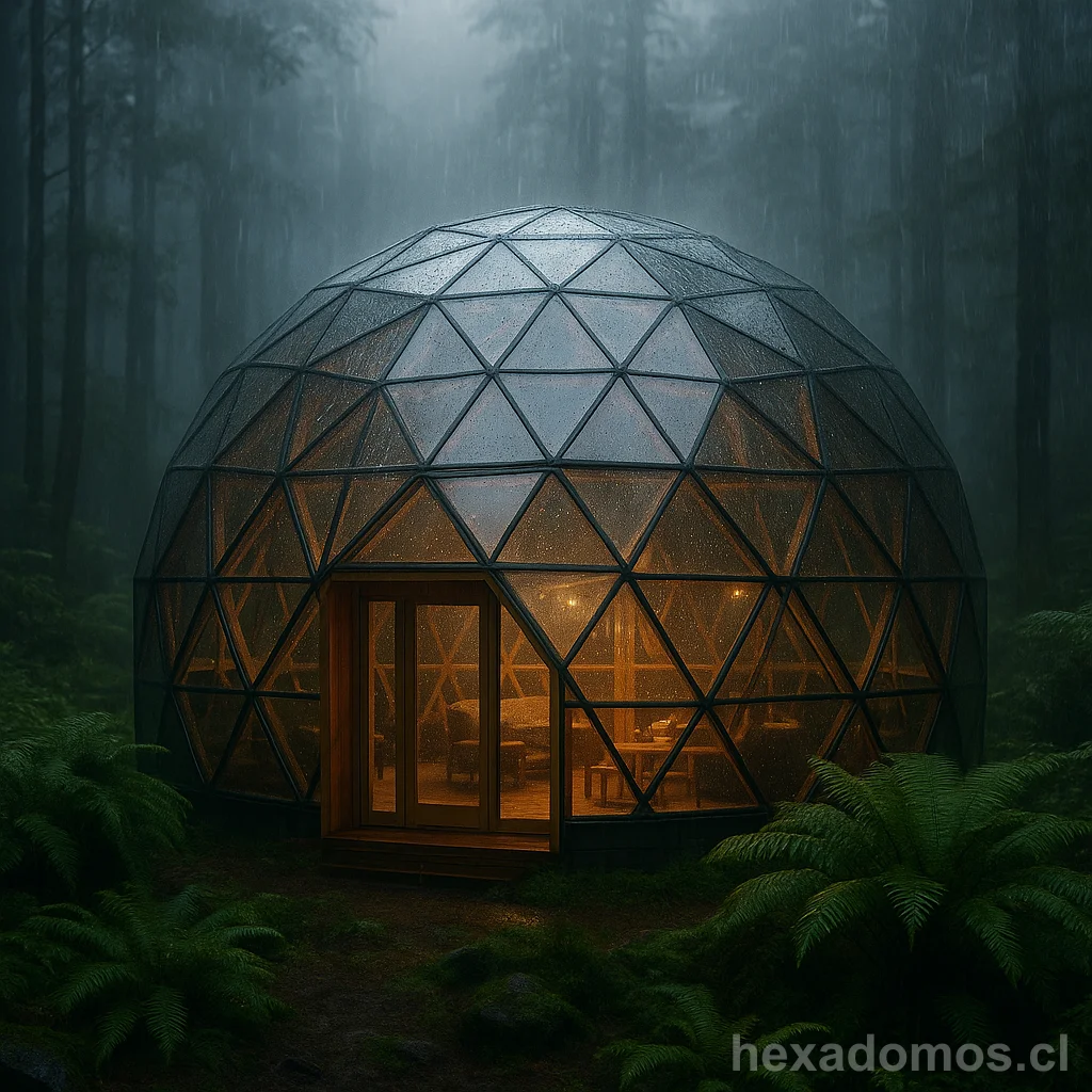 Domo geodésico de vidrio completo en bosque lluvioso con interior iluminado