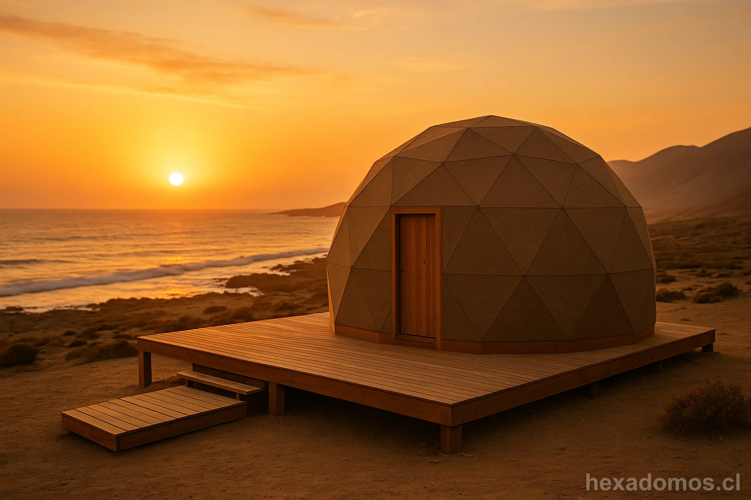Domo geodésico en plataforma de madera con atardecer sobre el océano